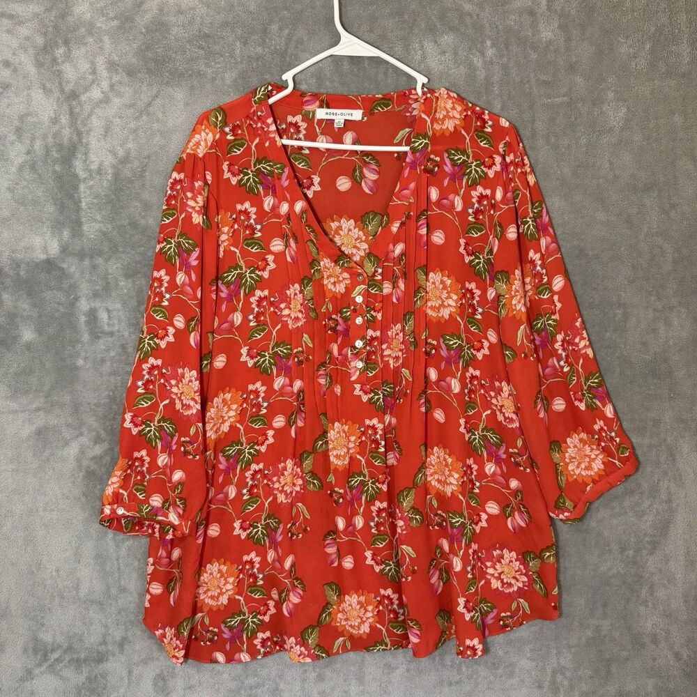 Rose + Olive Top 2X Plus Red Floral Button Front Tunic Blouse Smocked Boho Flowy